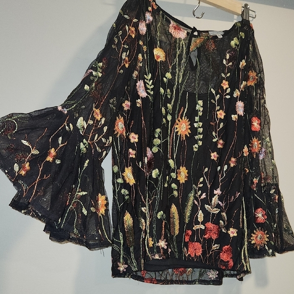 Paraphrase Tops - Paraphrase Orange and Black Ruffled Bell Sleeve Blouse